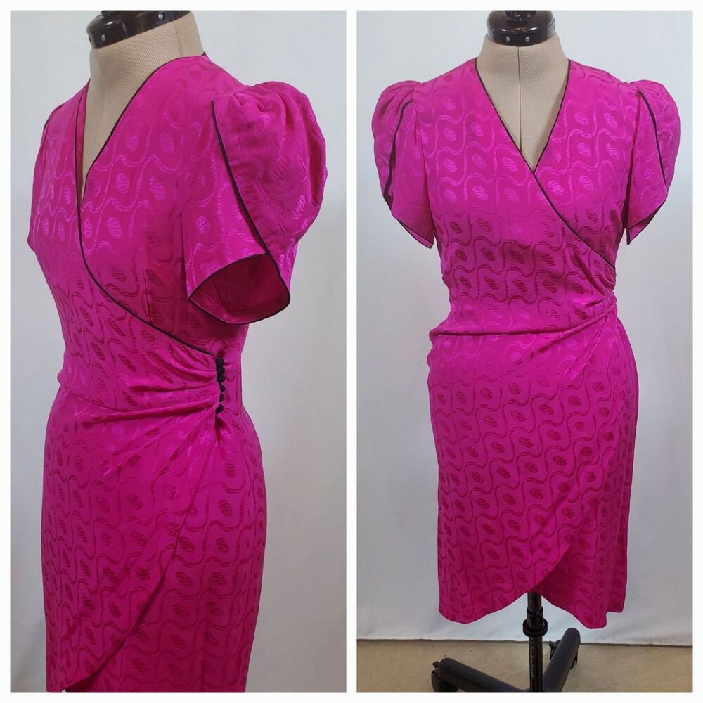 Vintage Silk Studio Women’s Wrap Dress Size 4 Silk Hot Pink Black Short Sleeve